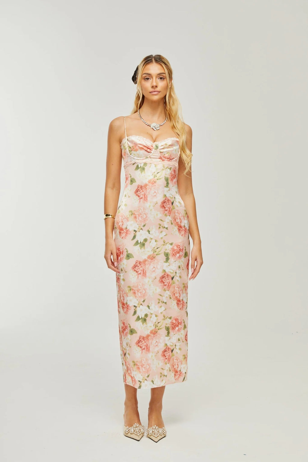 Skye Floral Maxi Dress in Pink Satin with Spaghetti Straps and Rear Slit