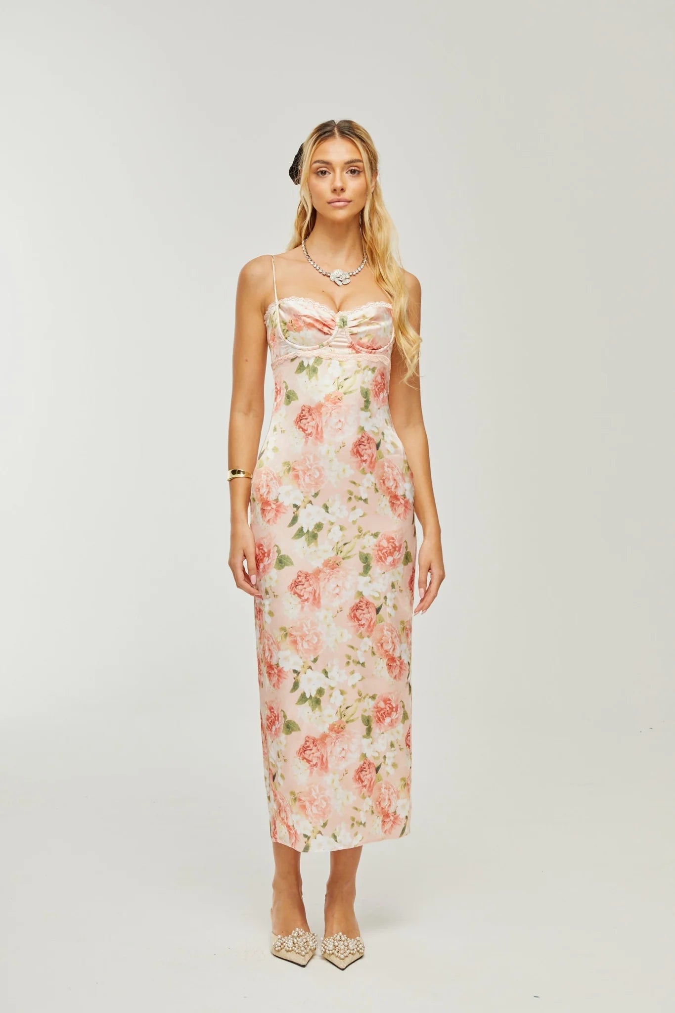 Skye Floral Maxi Dress in Pink Satin with Spaghetti Straps and Rear Slit