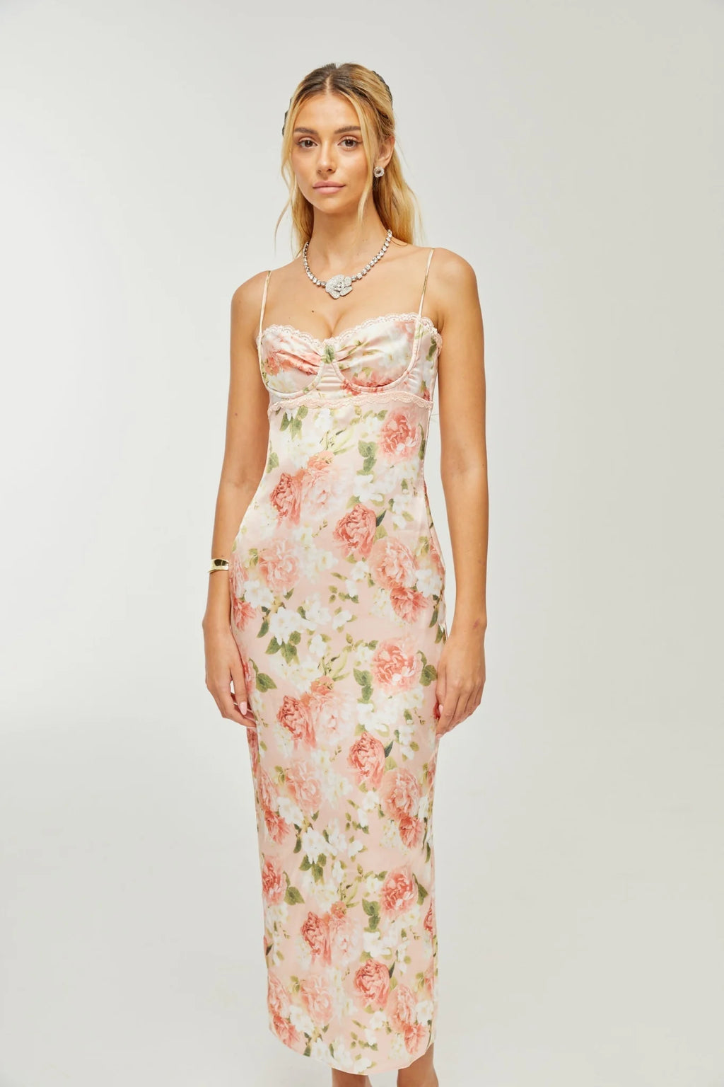 Skye Floral Maxi Dress in Pink Satin with Spaghetti Straps and Rear Slit
