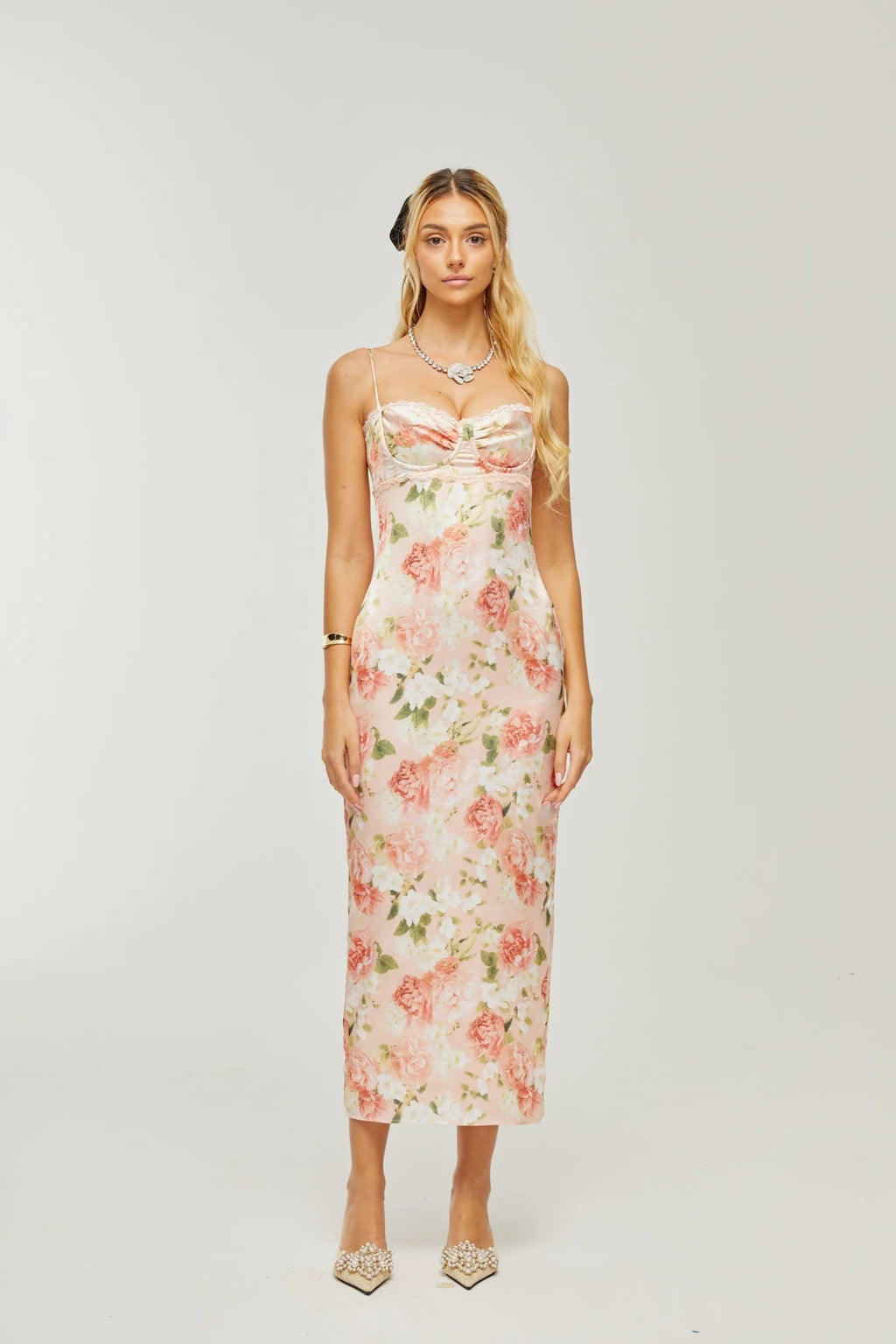 Skye Floral Maxi Dress in Pink Satin with Spaghetti Straps and Rear Slit