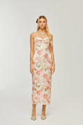 Skye Floral Maxi Dress in Pink Satin with Spaghetti Straps and Rear Slit