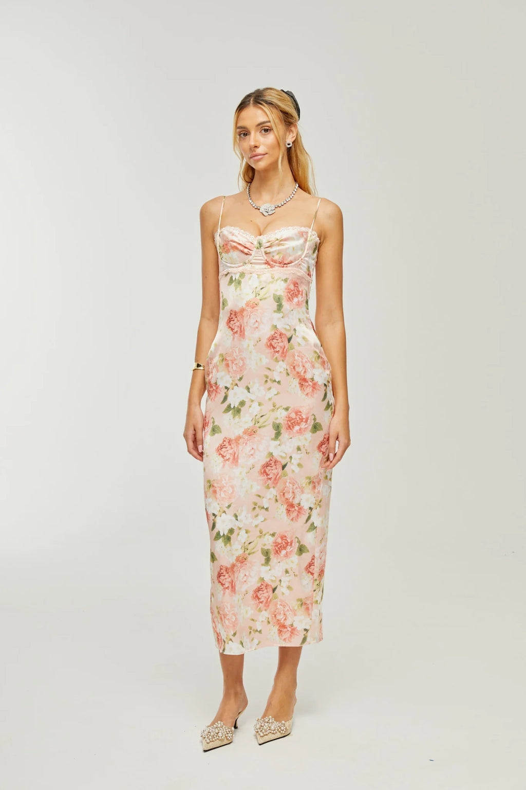 Skye Floral Maxi Dress in Pink Satin with Spaghetti Straps and Rear Slit
