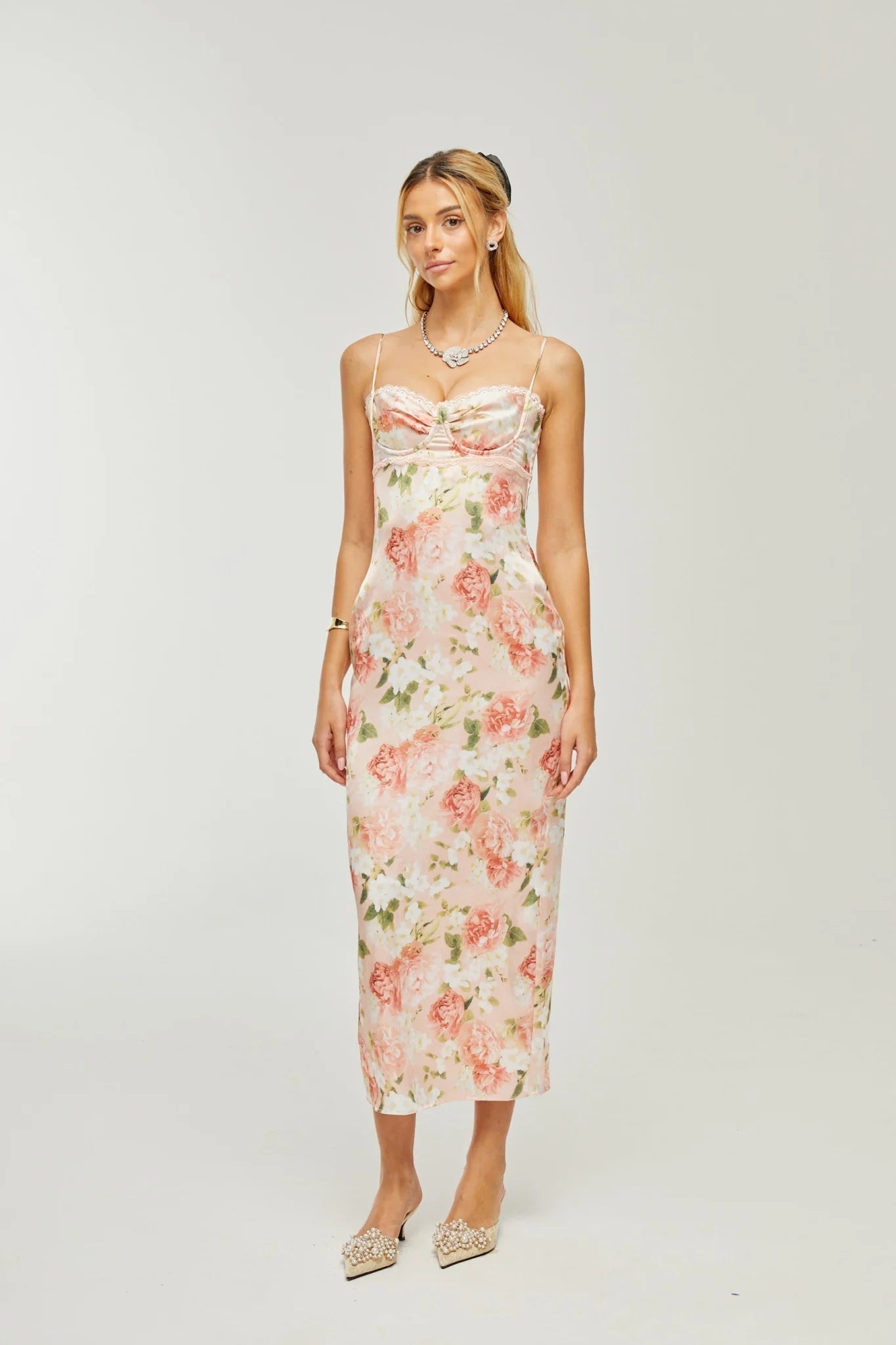 Skye Floral Maxi Dress in Pink Satin with Spaghetti Straps and Rear Slit
