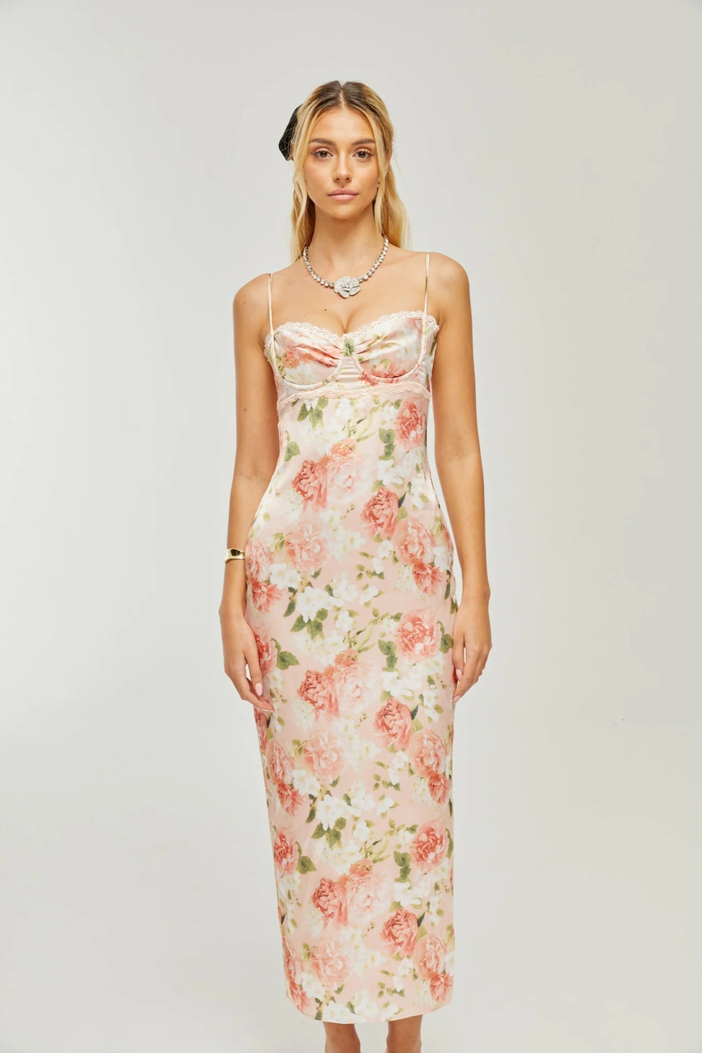 Skye Floral Maxi Dress in Pink Satin with Spaghetti Straps and Rear Slit