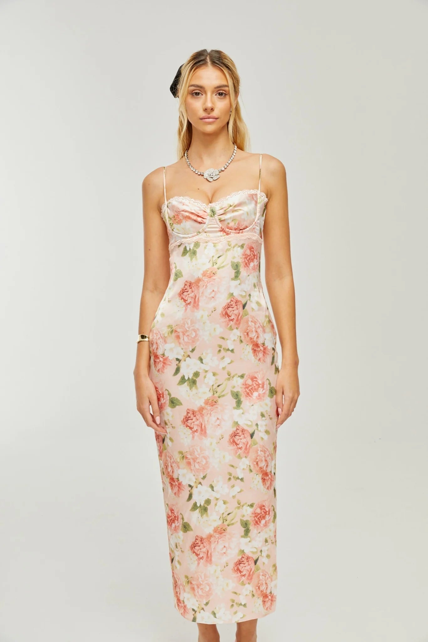 Skye Floral Maxi Dress in Pink Satin with Spaghetti Straps and Rear Slit