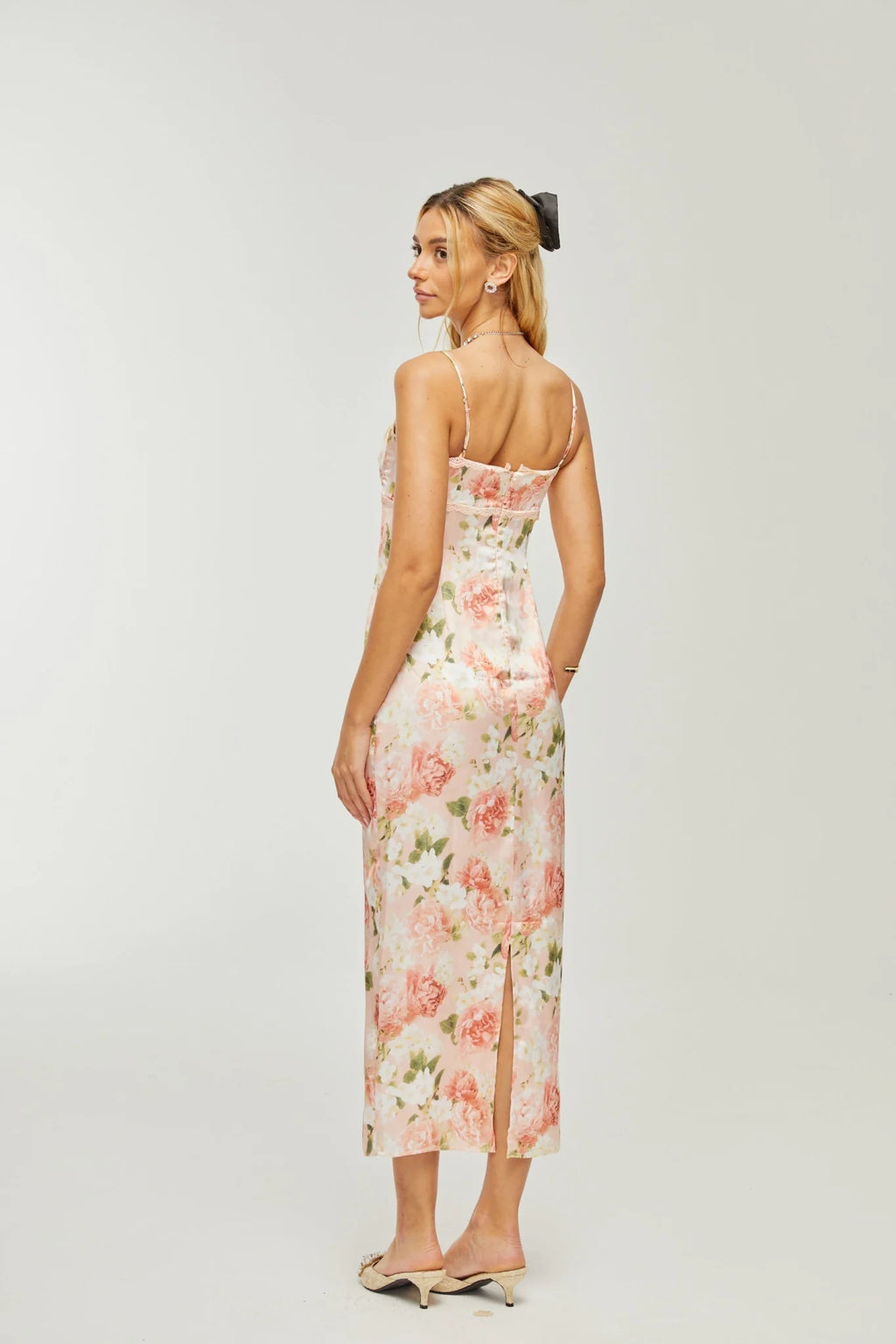 Skye Floral Maxi Dress in Pink Satin with Spaghetti Straps and Rear Slit