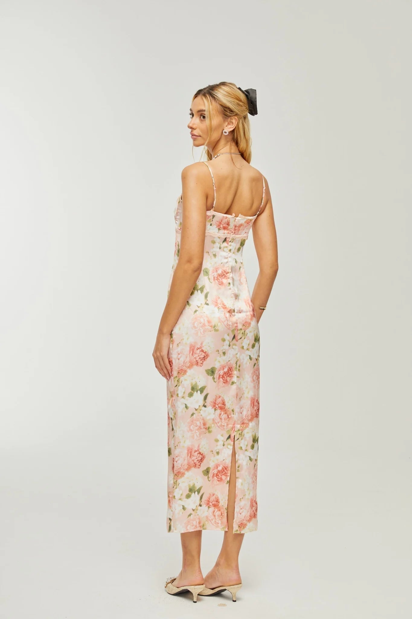 Skye Floral Maxi Dress in Pink Satin with Spaghetti Straps and Rear Slit