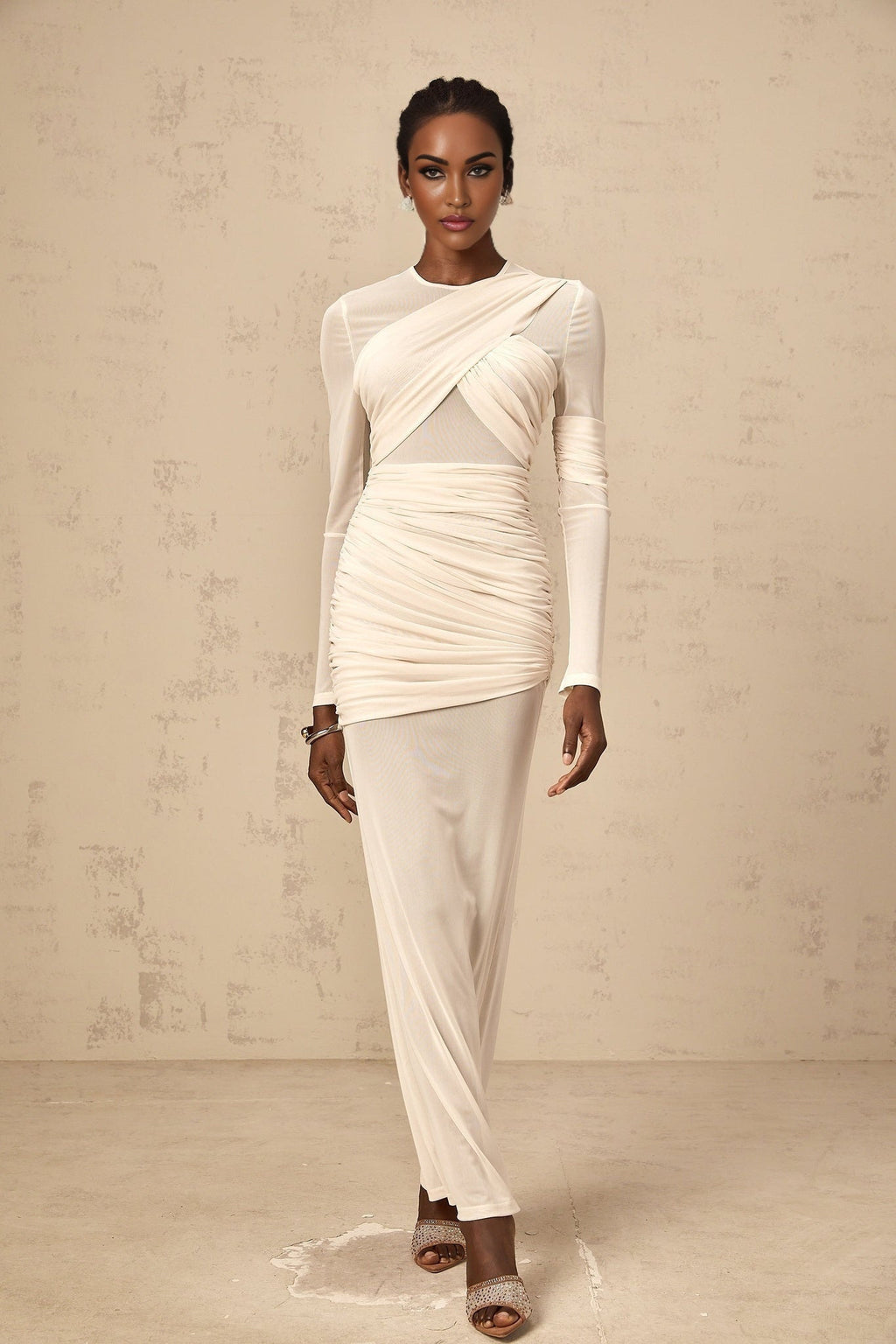 Skye Maxi Dress with Ruched Detailing, Long Sleeves
