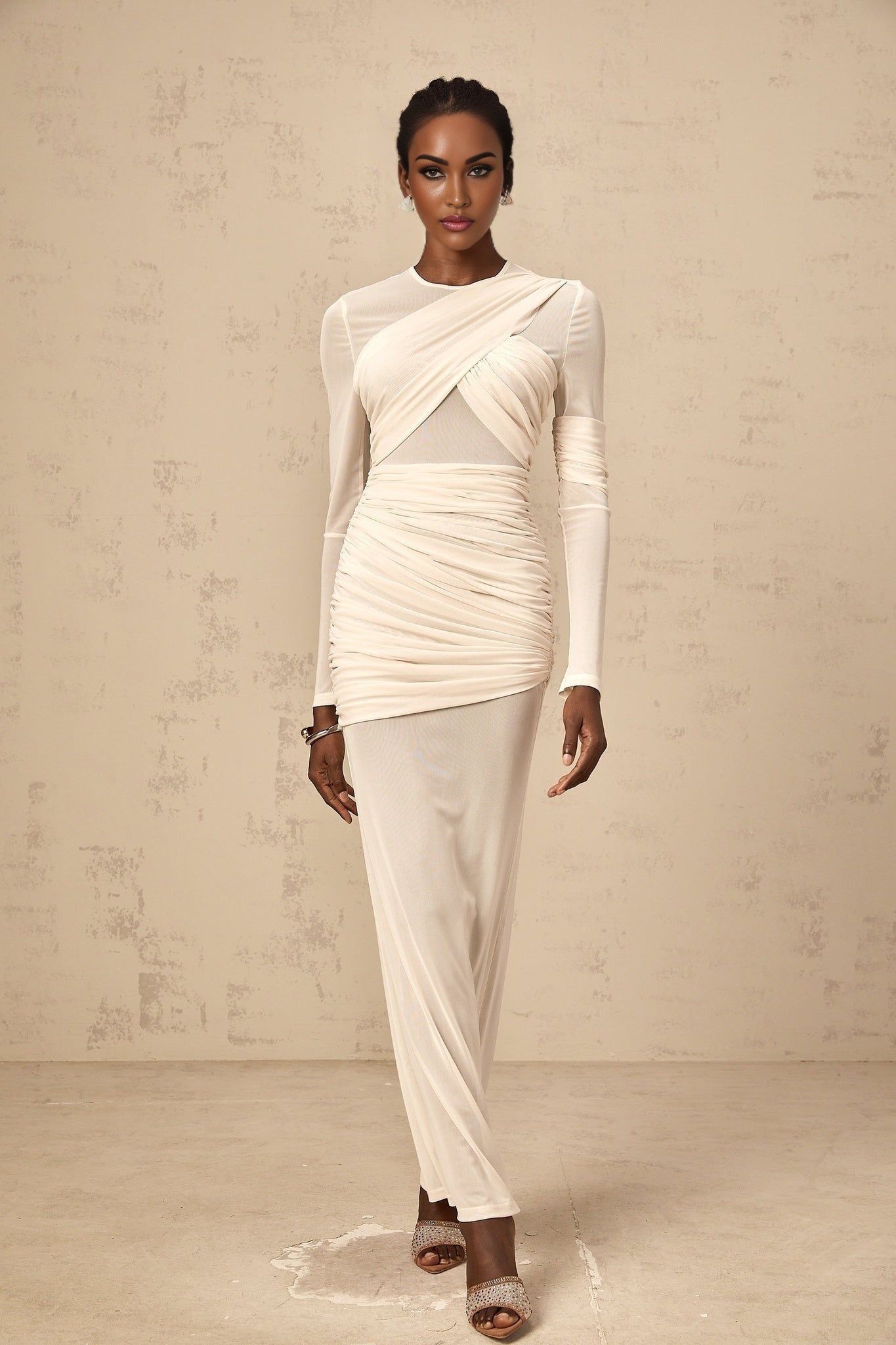 Skye Maxi Dress with Ruched Detailing, Long Sleeves