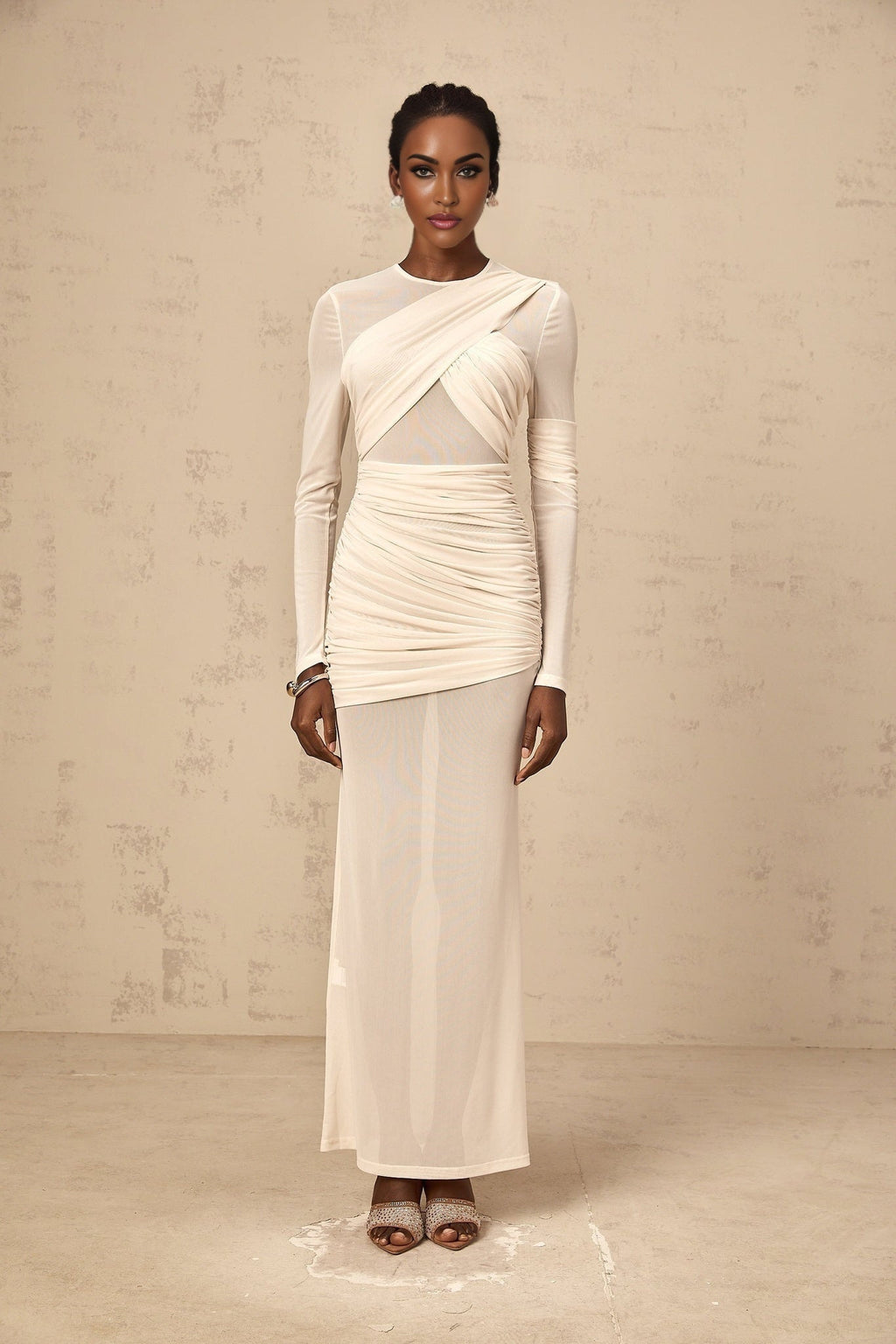 Skye Maxi Dress with Ruched Detailing, Long Sleeves