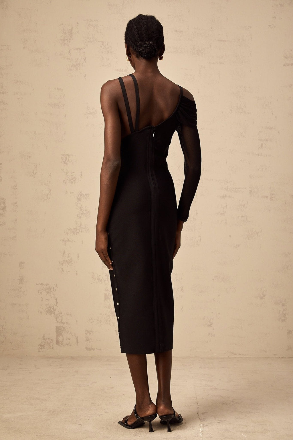 Skye Midi Dress Black Asymmetric Pins Slit Long Sleeve Ankle - Length Zip