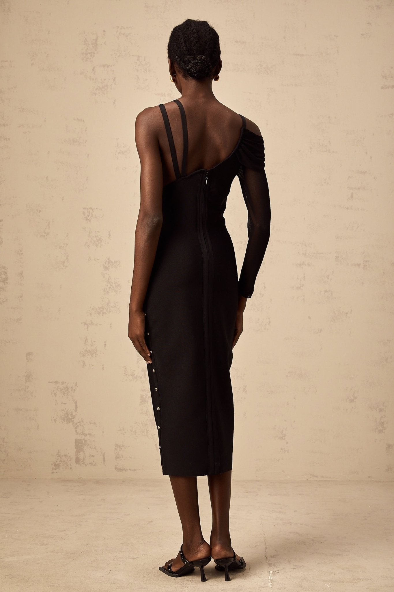 Skye Midi Dress Black Asymmetric Pins Slit Long Sleeve Ankle - Length Zip