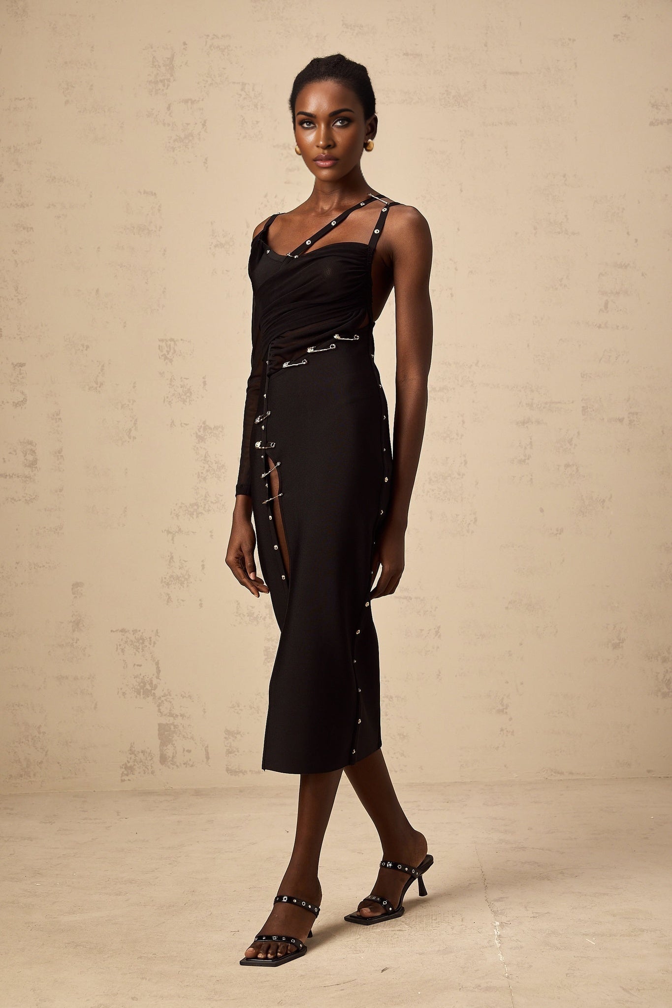 Skye Midi Dress Black Asymmetric Pins Slit Long Sleeve Ankle - Length Zip