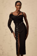 Skye Midi Dress Black Asymmetric Pins Slit Long Sleeve Ankle - Length Zip