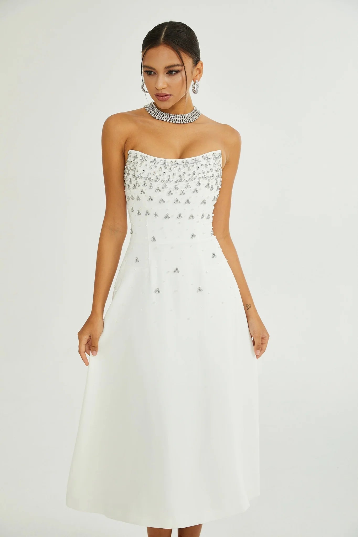Skye Midi Dress White Off Shoulder Embellished Zip Fastening