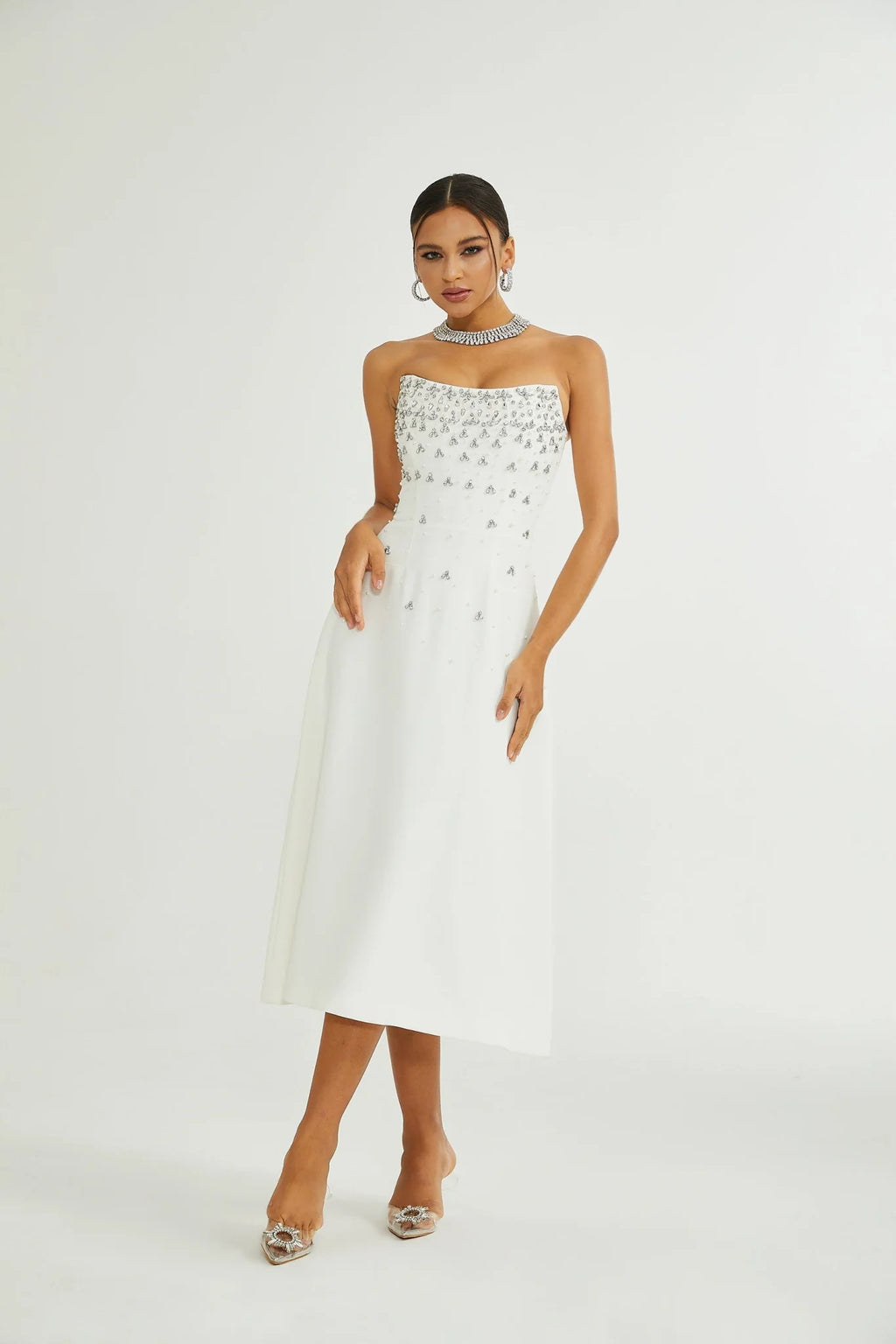 Skye Midi Dress White Off Shoulder Embellished Zip Fastening