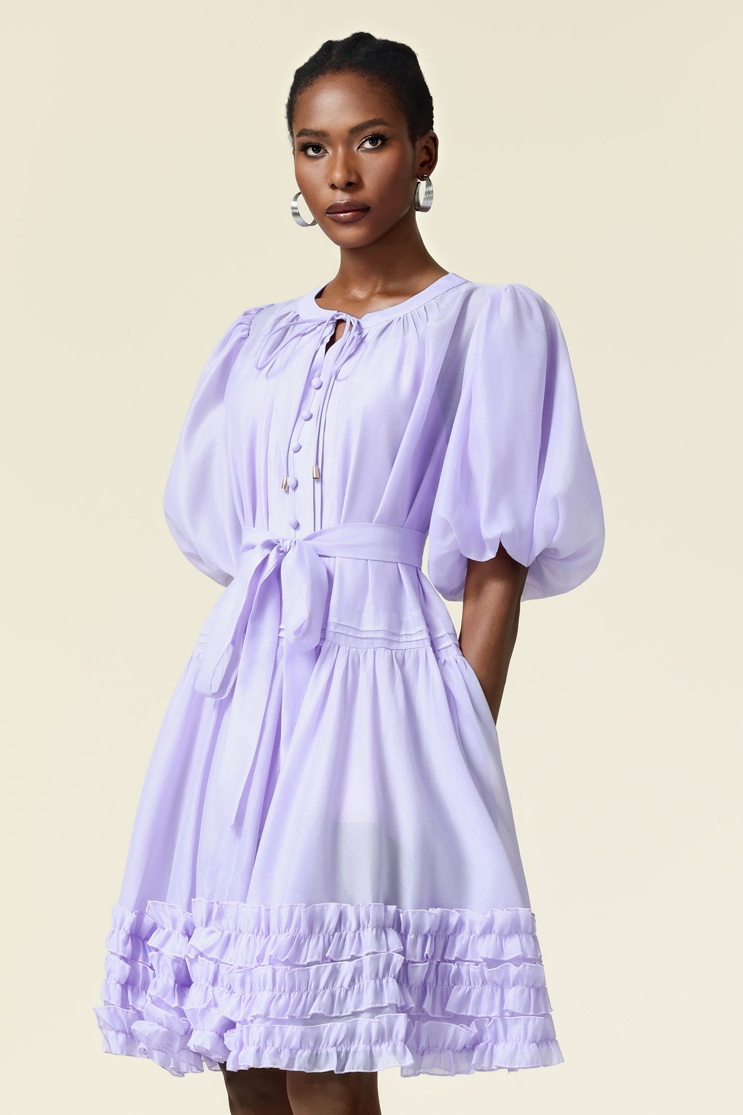 Skye Purple Puff Sleeve Button Detail Ruffled Flare Dress