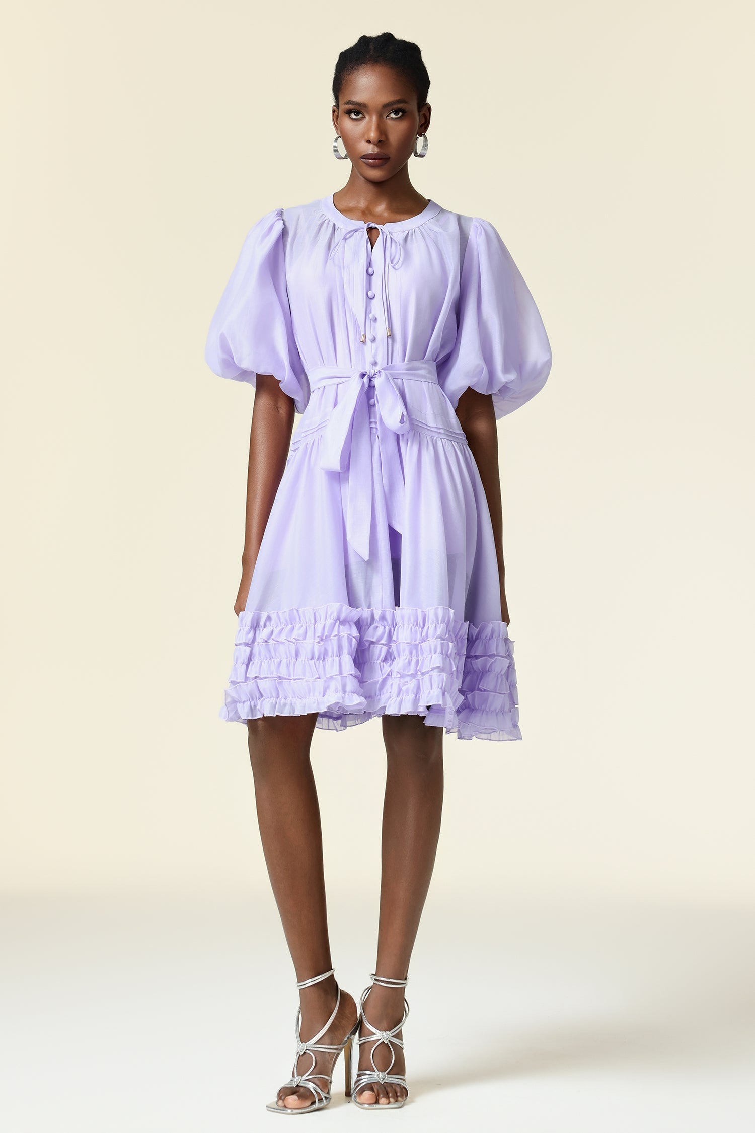 Skye Purple Ruffled Flare Puff Sleeve Dress