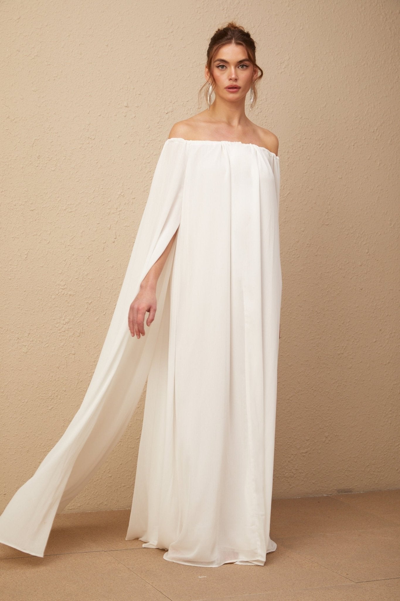 Skylar Maxi Dress in Pristine White with Cape & Draped Tulle Design