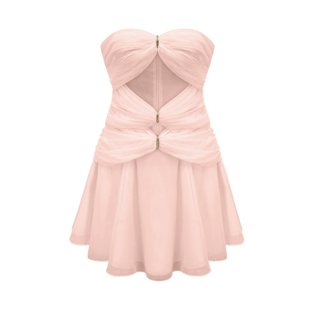 Skylar Mini Dress Pink Cut Out Off Shoulder Crystal Pleated