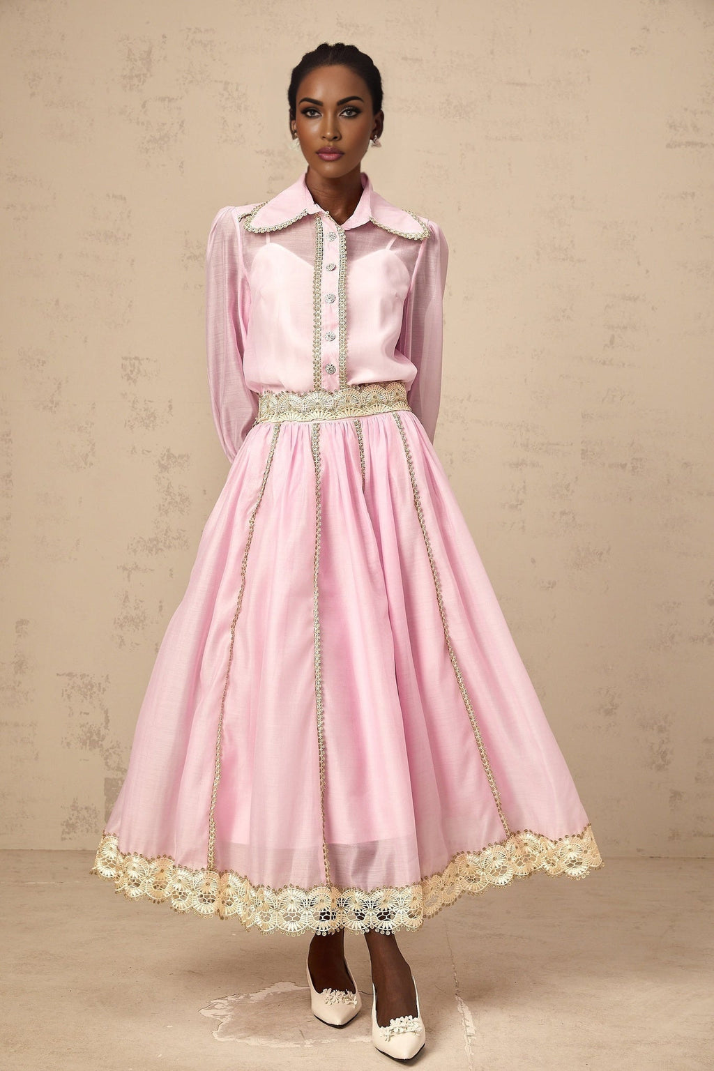 Sloan Blouse & Skirt Pink Lace Trim Matching Set