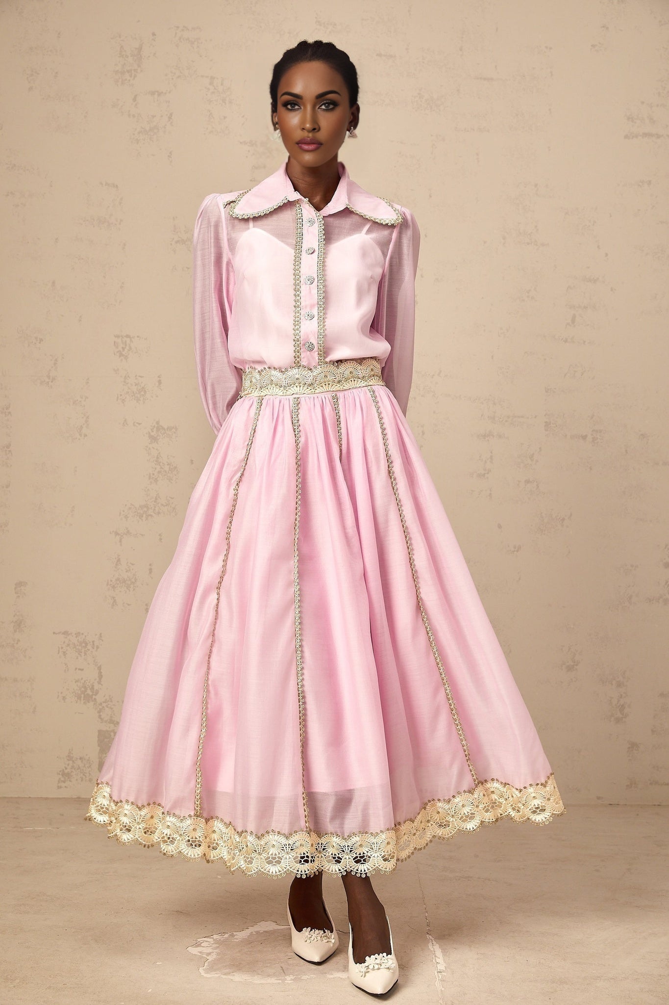 Sloan Blouse & Skirt Pink Lace Trim Matching Set