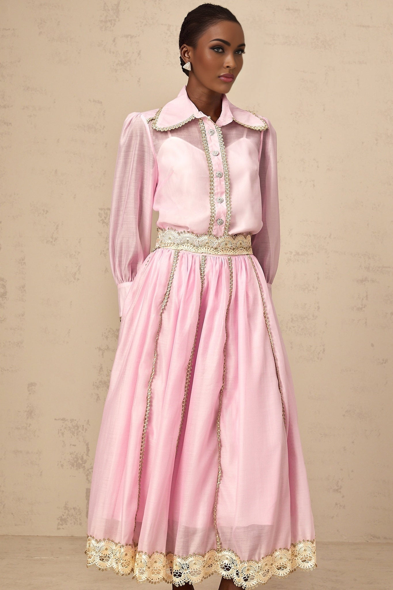 Sloan Blouse & Skirt Pink Lace Trim Matching Set