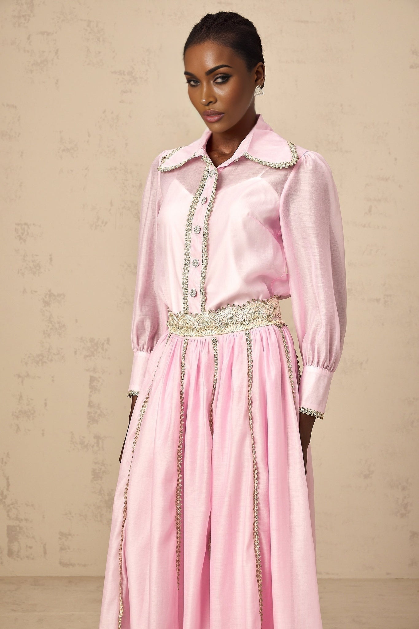 Sloan Blouse & Skirt Pink Lace Trim Matching Set
