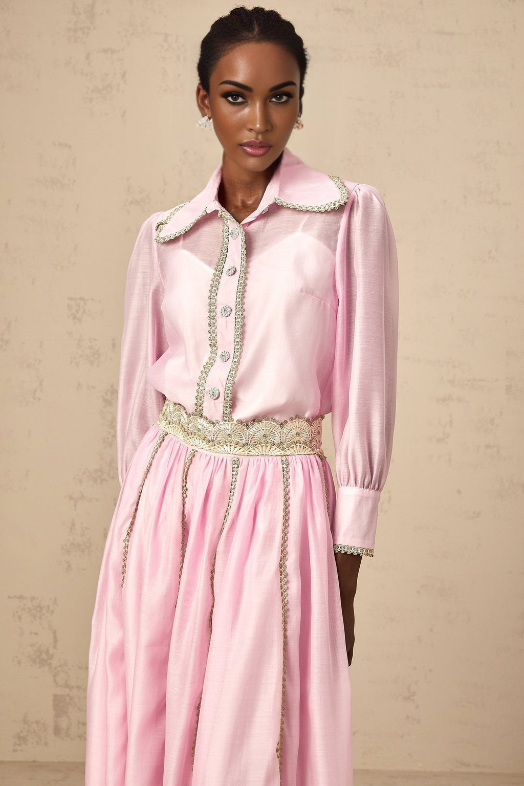 Sloan Blouse & Skirt Pink Lace Trim Matching Set