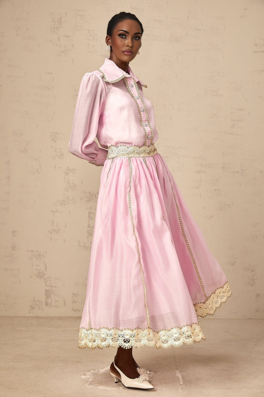 Sloan Blouse & Skirt Pink Lace Trim Matching Set