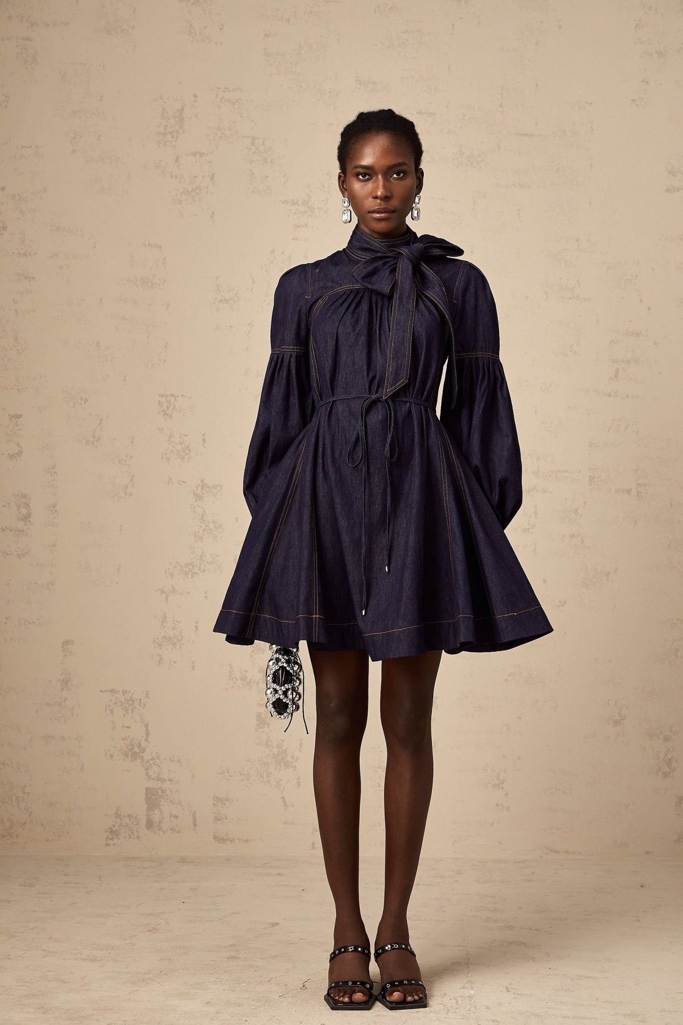 Sloan Denim Mini Dress with Contrast Stitch & Flare Trim