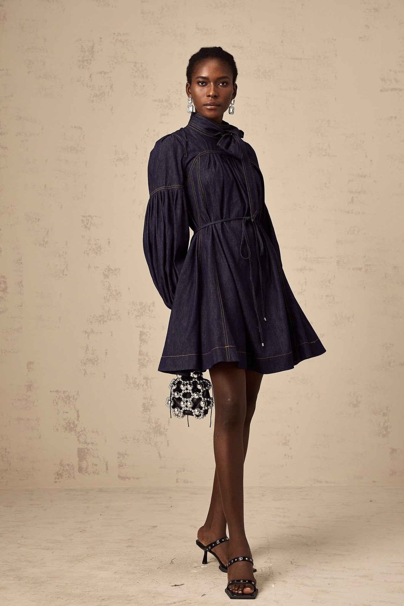 Sloan Denim Mini Dress with Contrast Stitch & Flare Trim