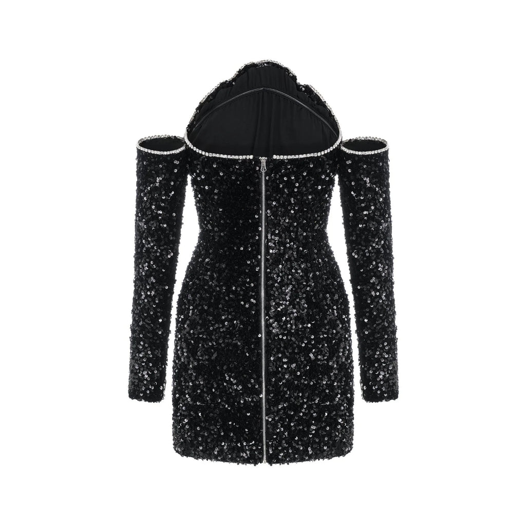 Sloan Dress Black Sequin Crystal Embellished Off - Shoulder Mini