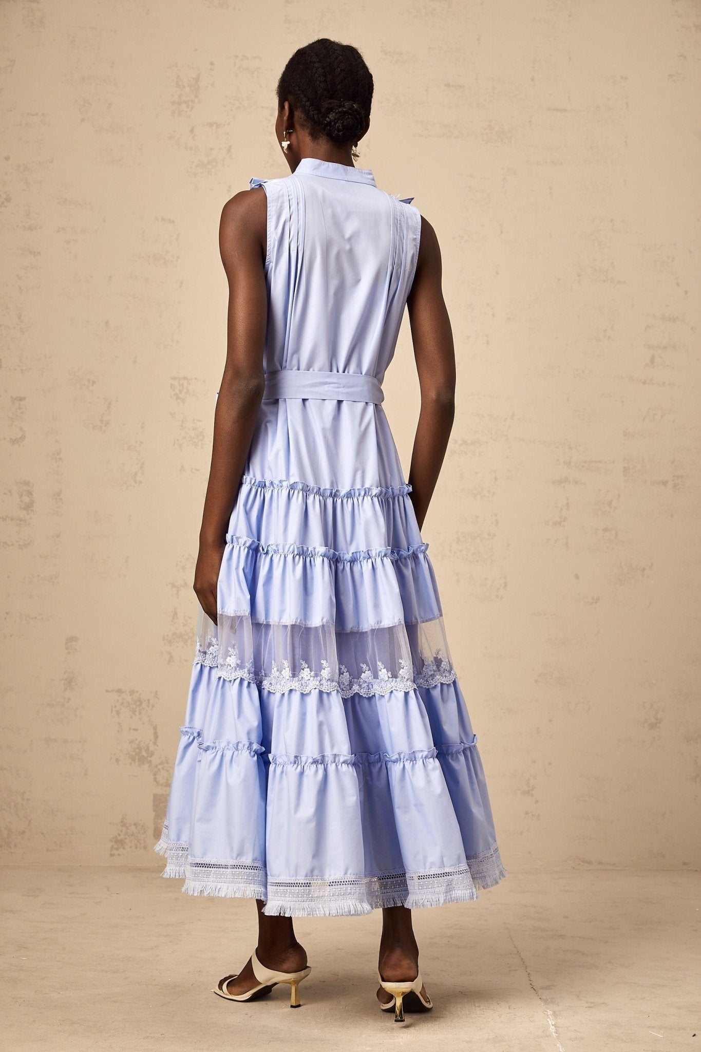 Sloan Floral Midi Dress in Vibrant Blue with Ruffled & Tiered Design