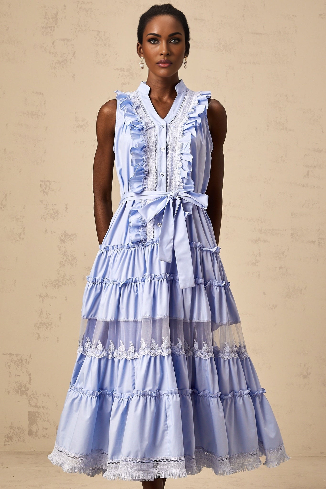 Sloan Floral Midi Dress in Vibrant Blue with Ruffled & Tiered Design