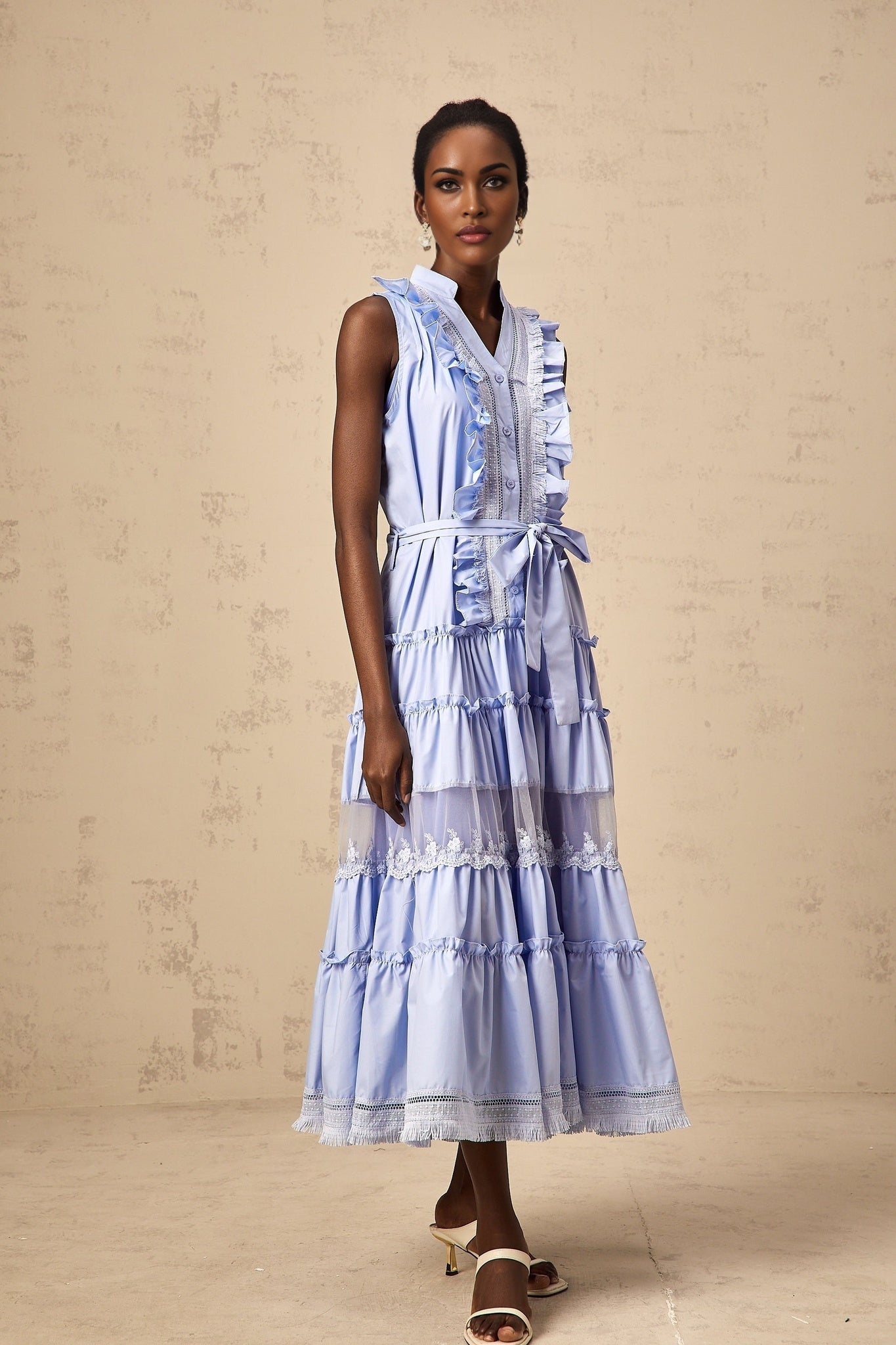 Sloan Floral Midi Dress in Vibrant Blue with Ruffled & Tiered Design