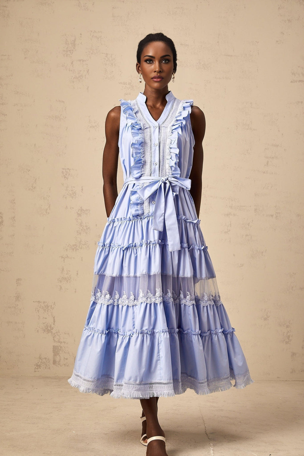 Sloan Floral Midi Dress in Vibrant Blue with Ruffled & Tiered Design