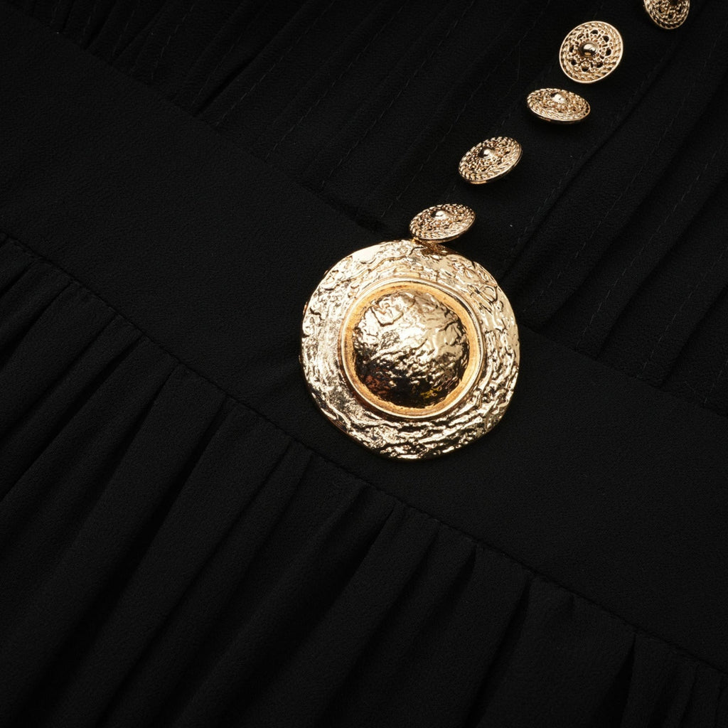 Sloan Midi Dress Black Pleated Gold Button Front Balloon Sleeves