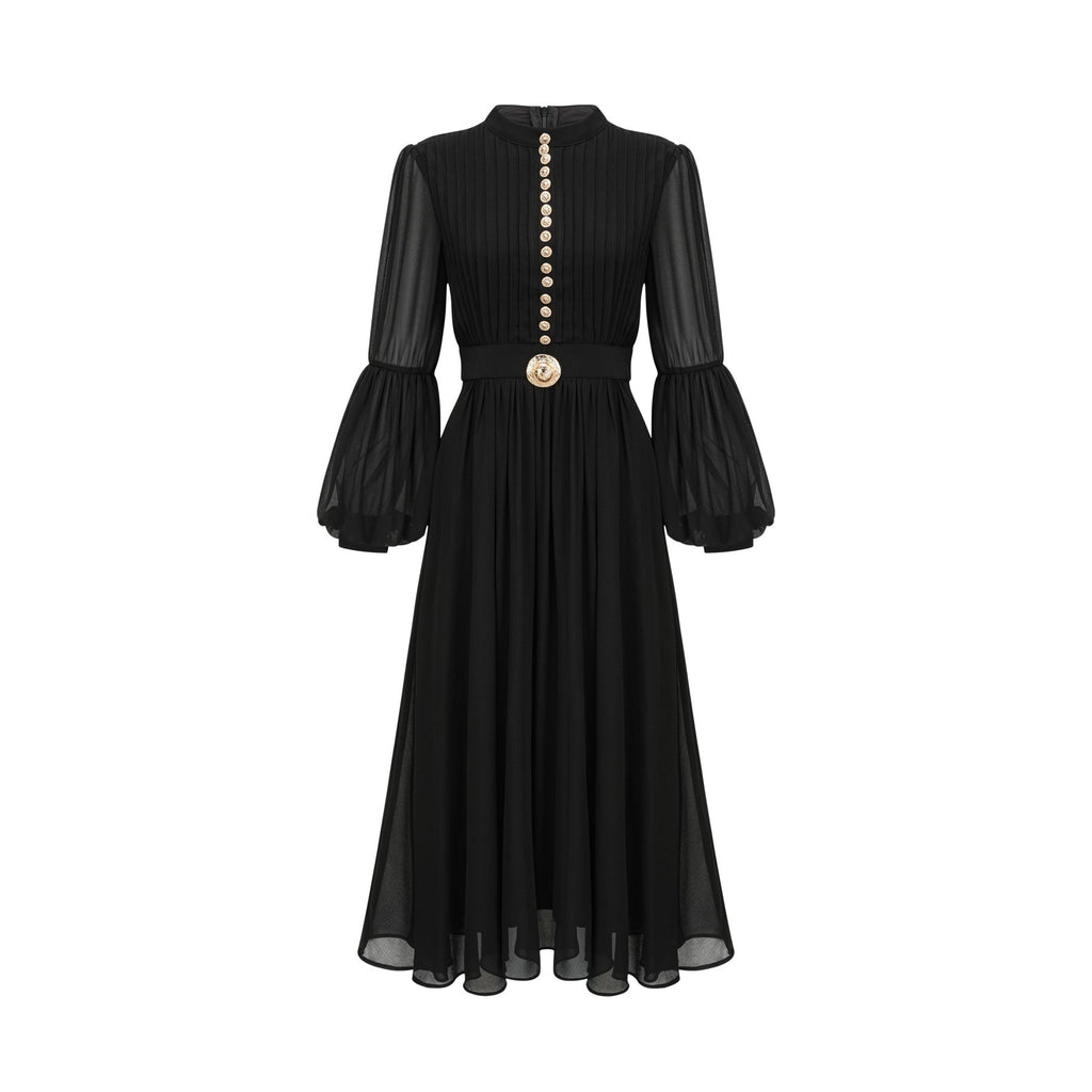 Sloan Midi Dress Black Pleated Gold Button Front Balloon Sleeves