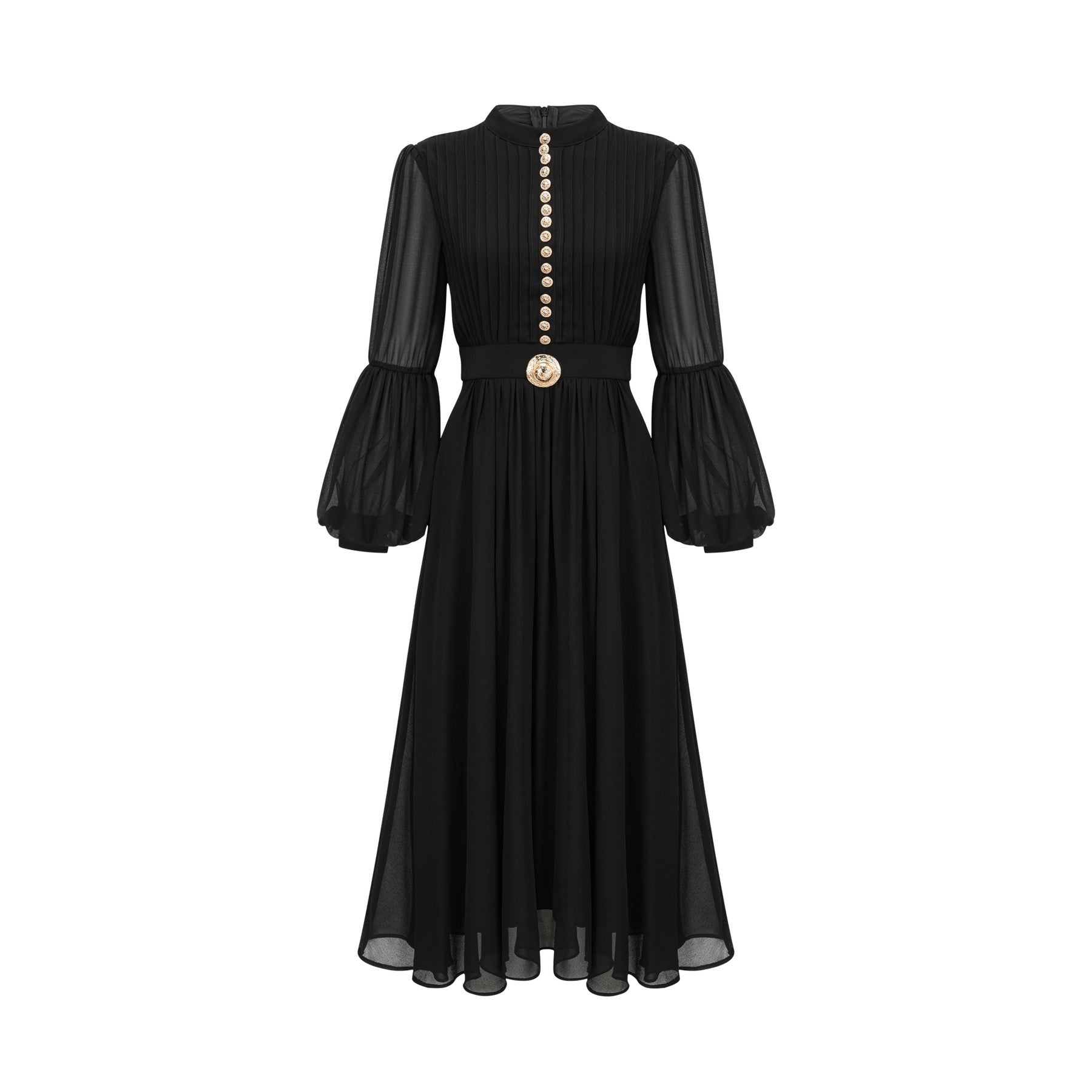 Sloan Midi Dress Black Pleated Gold Button Front Balloon Sleeves