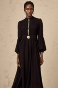 Sloan Midi Dress Black Pleated Gold Button Front Balloon Sleeves