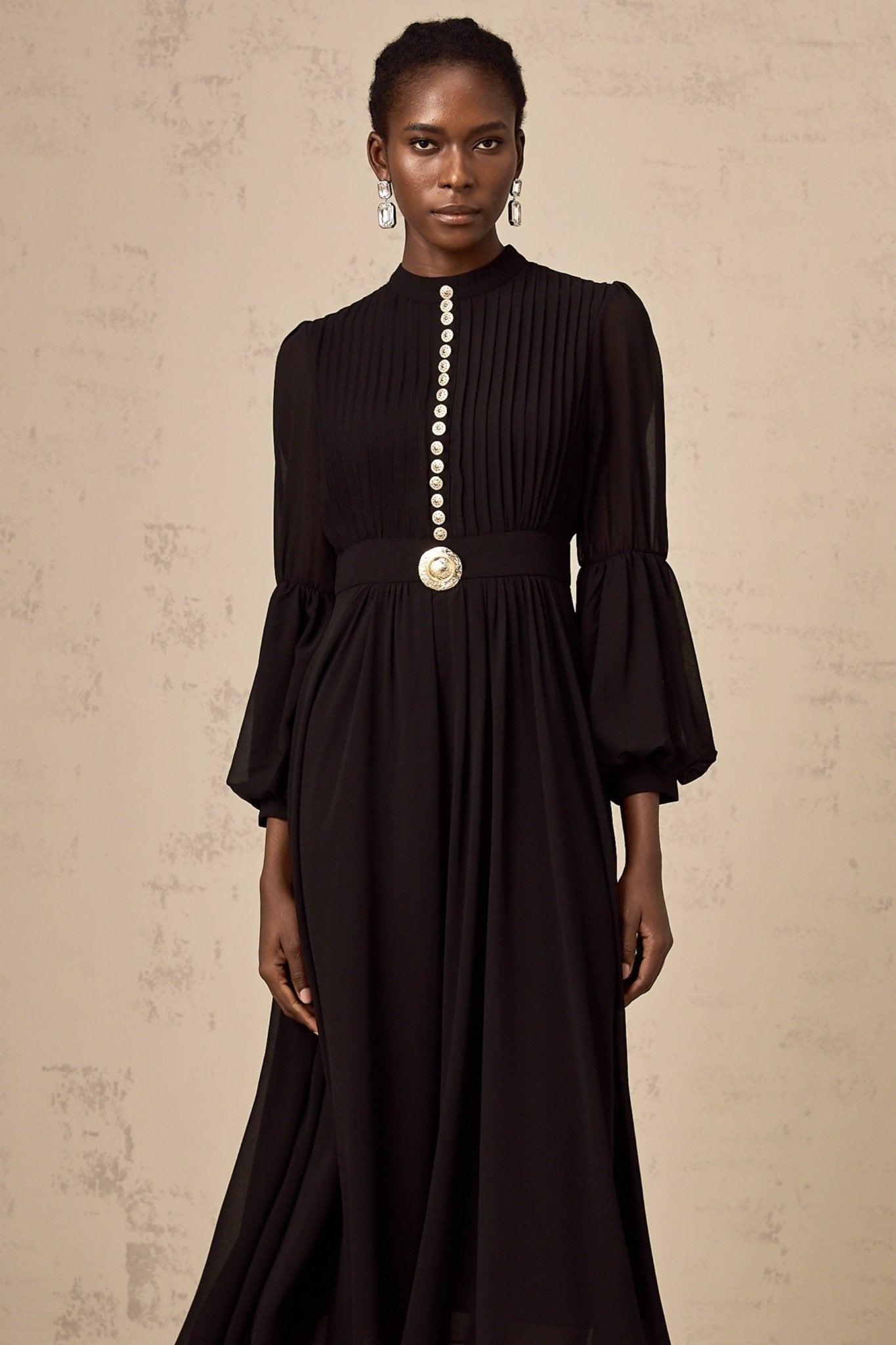 Sloan Midi Dress Black Pleated Gold Button Front Balloon Sleeves