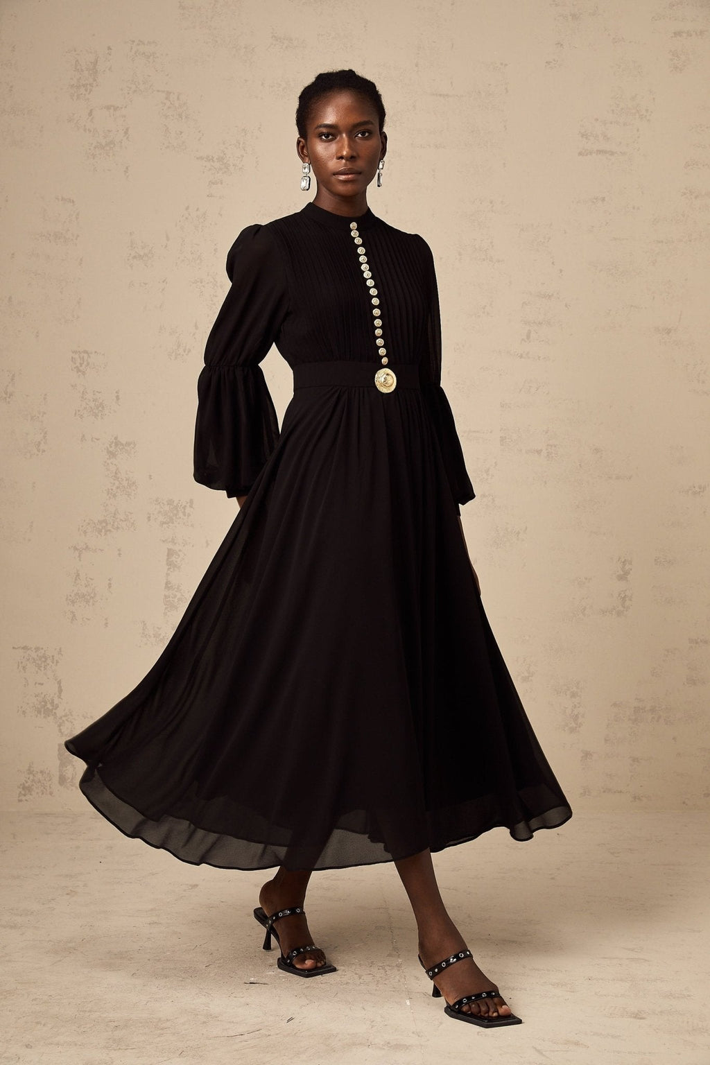 Sloan Midi Dress Black Pleated Gold Button Front Balloon Sleeves