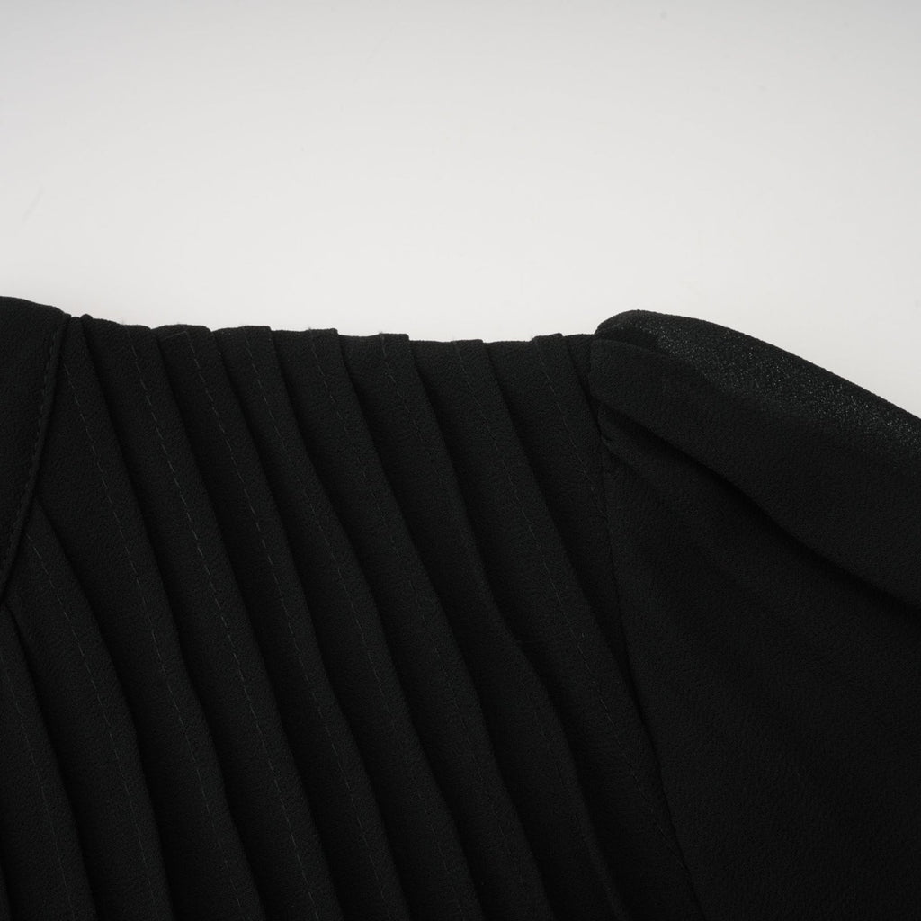 Sloan Midi Dress Black Pleated Gold Button Front Balloon Sleeves