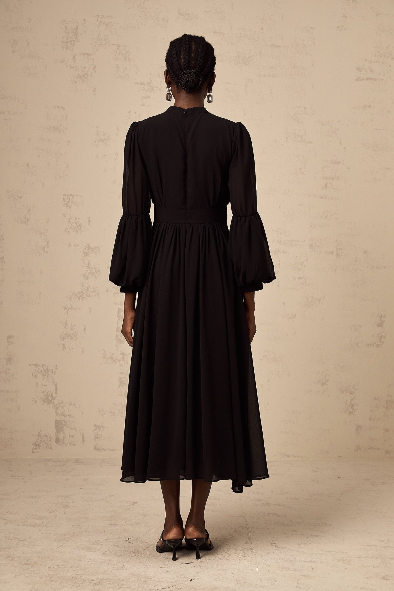 Sloan Midi Dress Black Pleated Gold Button Front Balloon Sleeves