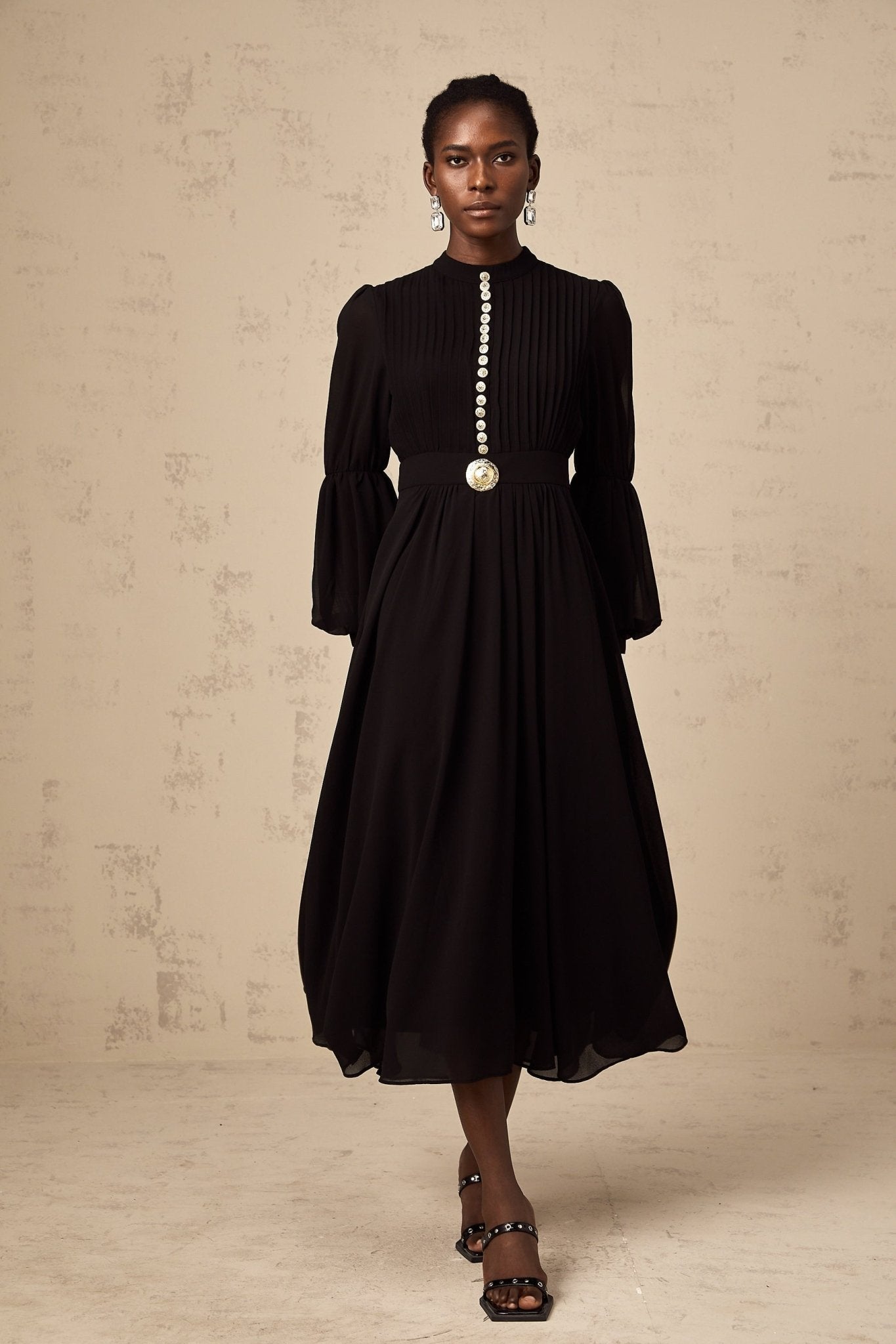 Sloan Midi Dress Black Pleated Gold Button Front Balloon Sleeves