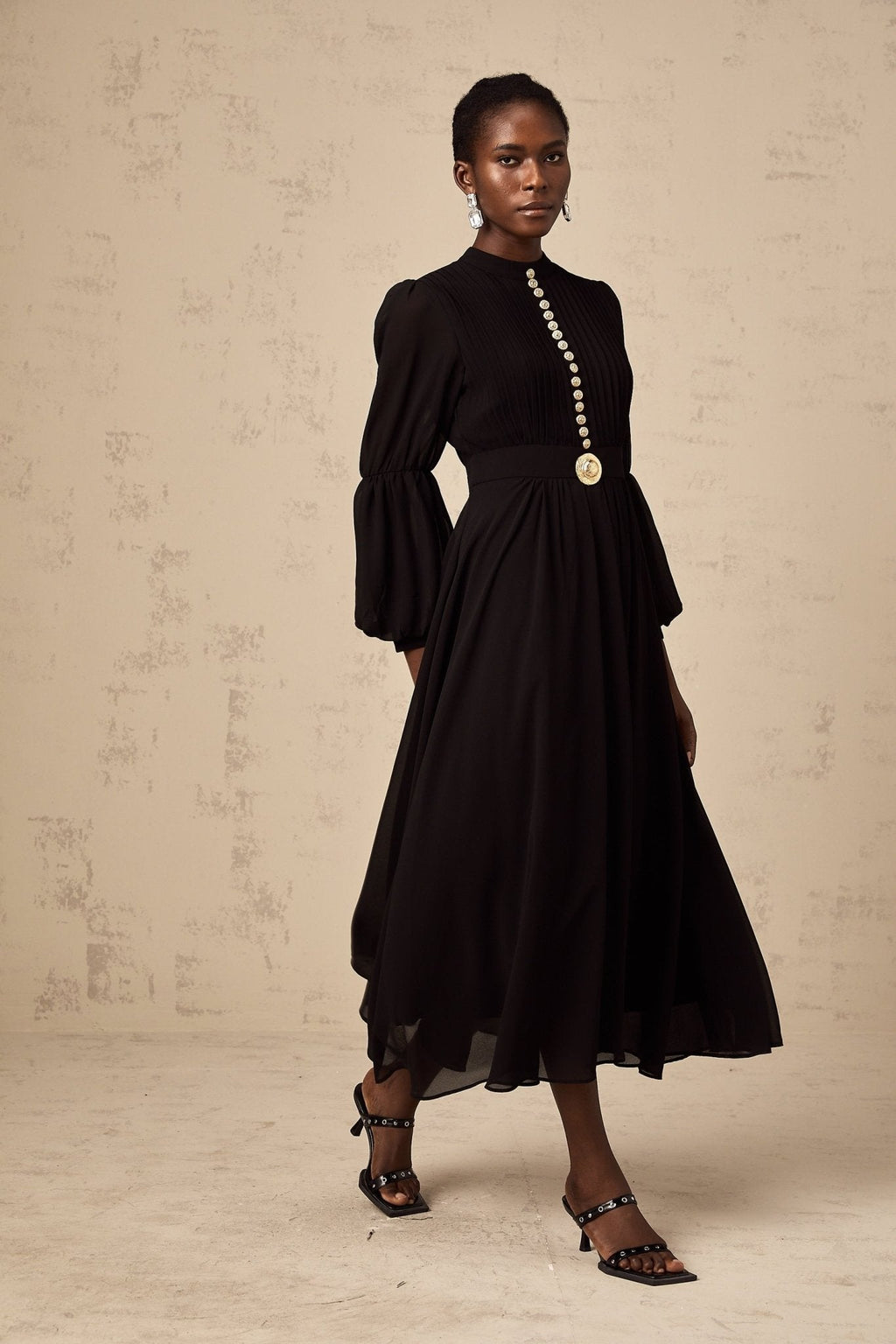 Sloan Midi Dress Black Pleated Gold Button Front Balloon Sleeves
