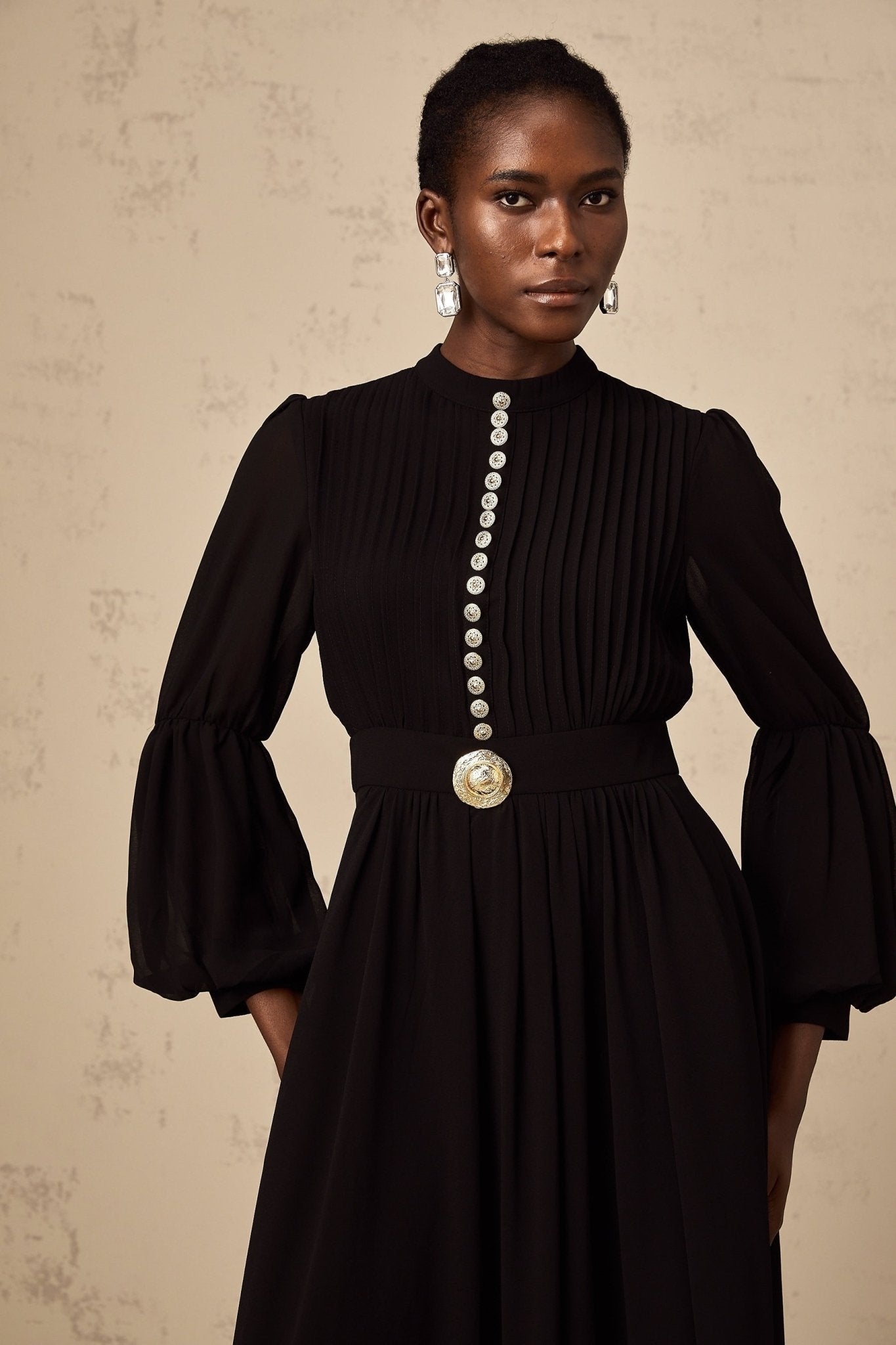 Sloan Midi Dress Black Pleated Gold Button Front Balloon Sleeves