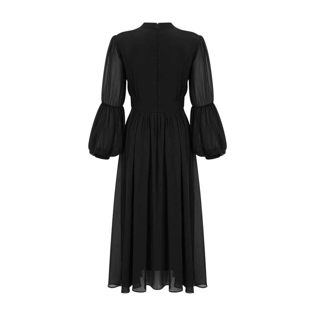 Sloan Midi Dress Black Pleated Gold Button Front Balloon Sleeves