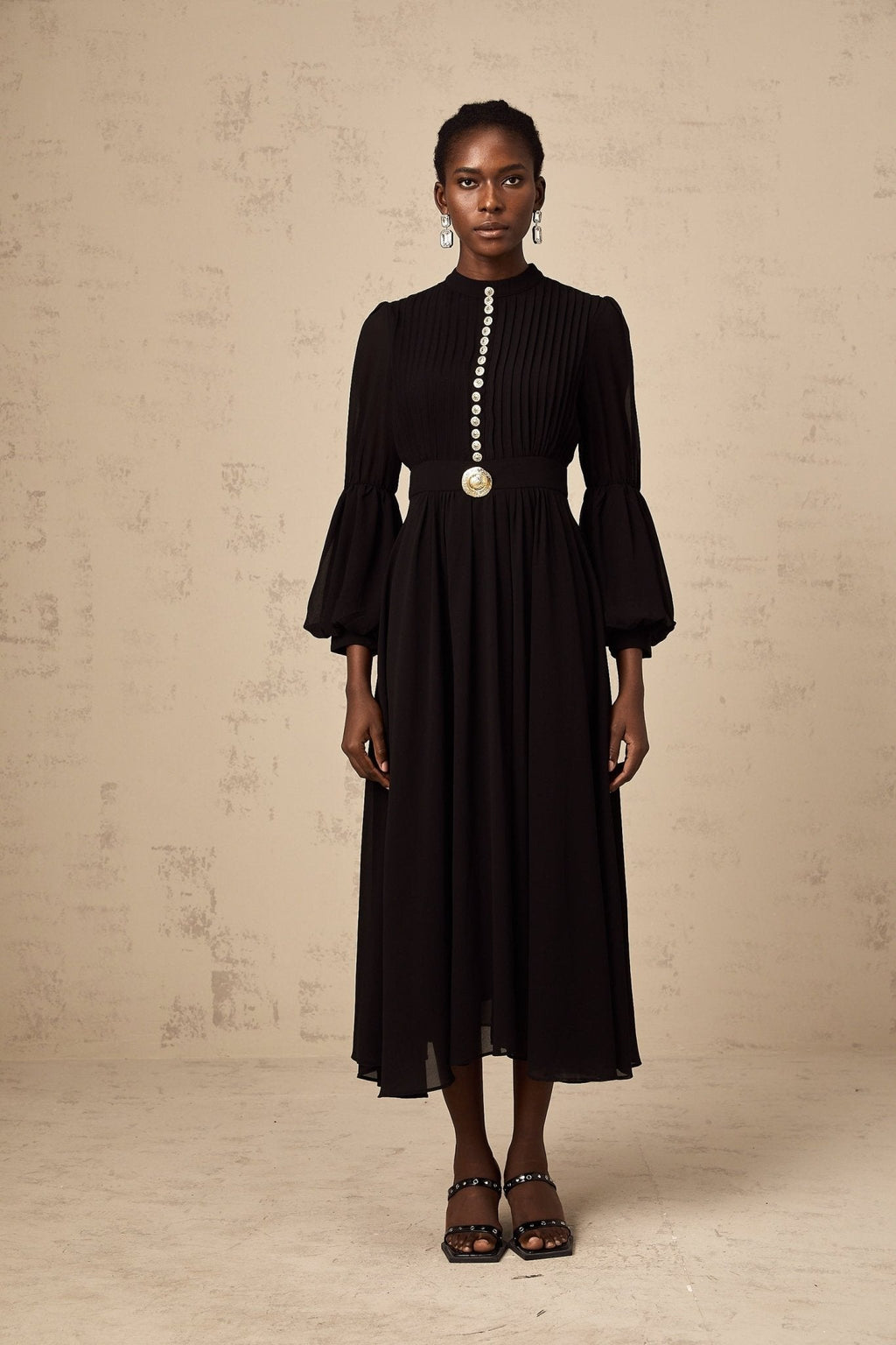 Sloan Midi Dress Black Pleated Gold Button Front Balloon Sleeves
